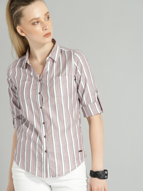 

Roadster Women Taupe & White Regular Fit Striped Casual Shirt
