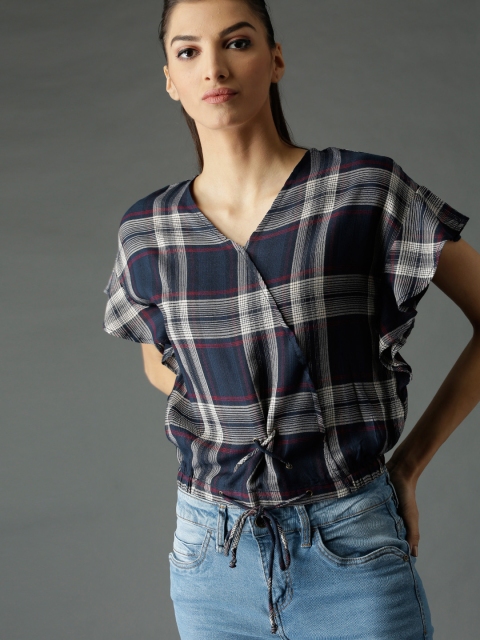 

Roadster Women Navy Blue & Beige Checked Wrap Top