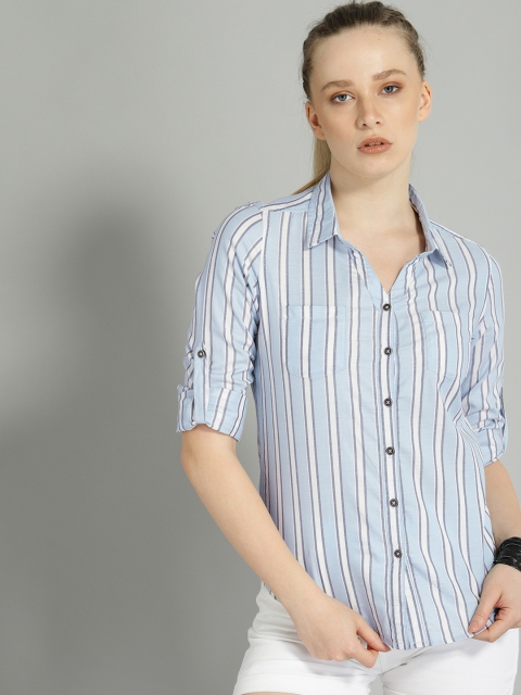 

Roadster Women Blue & White Regular Fit Striped Casual Shirt