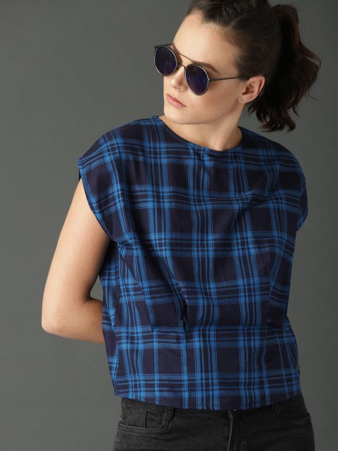 

Roadster Women Blue & Black Check Pure Cotton Top With Pleat Detail