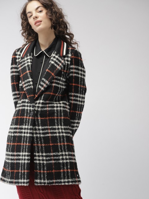 

Scotch & Soda Women Black & White Checked Longline Overcoat