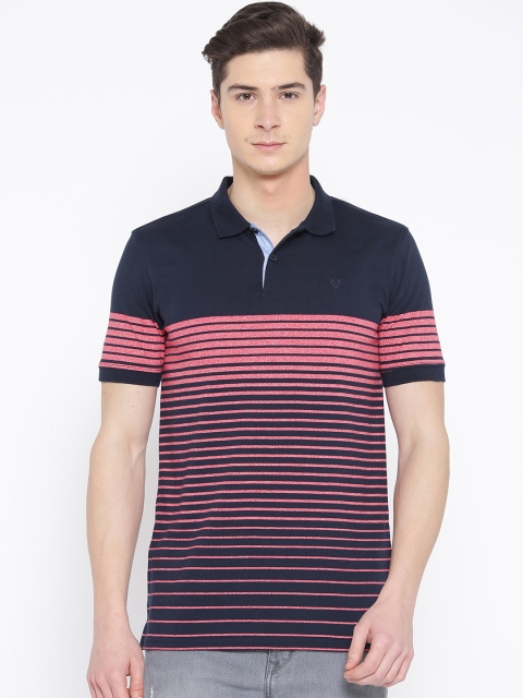 

Allen Solly Men Navy Blue & Coral Pink Striped Polo Collar T-shirt