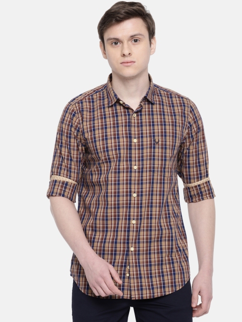 

Allen Solly Men Khaki Coloured & Navy Blue Slim Fit Checked Casual Shirt