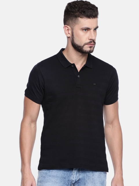 

Lee Men Black Self-Striped Polo Collar T-shirt