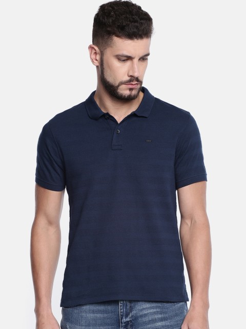 

Lee Men Navy Self-Striped Polo Collar T-shirt, Navy blue