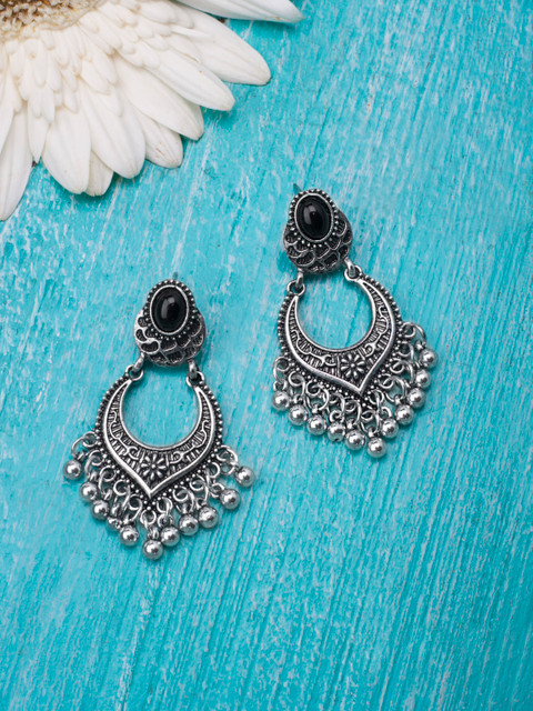 

Rubans Silver-Toned & Black Handcrafted Oxidised Classic Drop Earrings