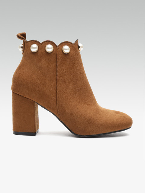 

ELLE Women Brown Solid Heeled Boots with Beaded Detail
