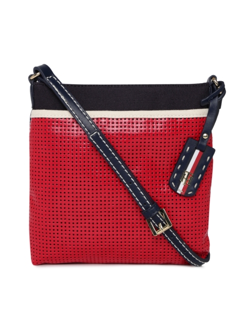 

Tommy Hilfiger Red & Navy Blue Colourblocked Cut-Work Detailed Sling Bag