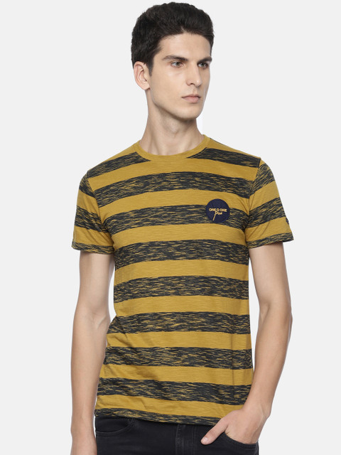 

Lee Men Mustard Yellow Black Striped Round Neck Pure Cotton T-shirt