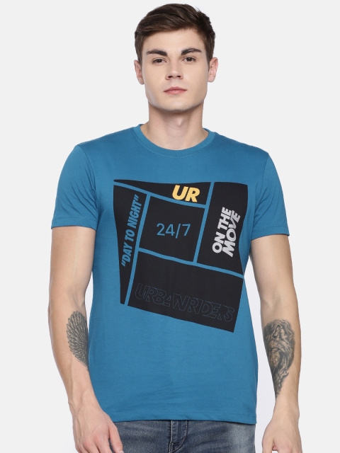 

Lee Men Teal Blue Printed Round Neck Pure Cotton T-shirt