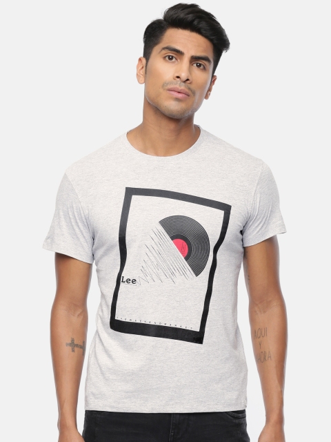

Lee Men Grey Melange & Black Printed Round Neck T-shirt