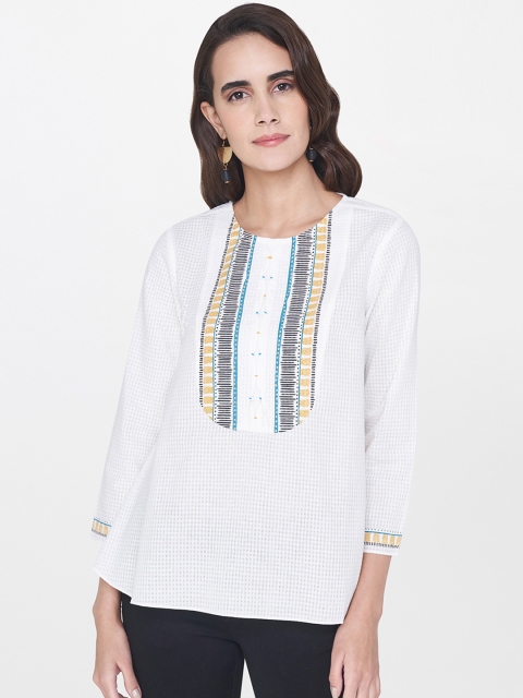 

Global Desi Women Off-White Self Design Top