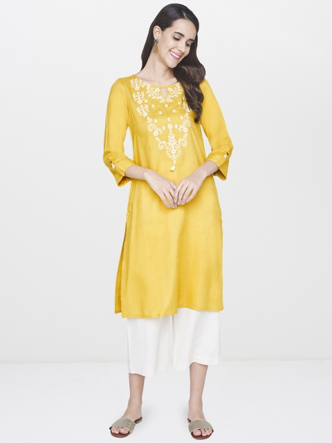 

Global Desi Women Mustard Yellow Embroidered Straight Kurta