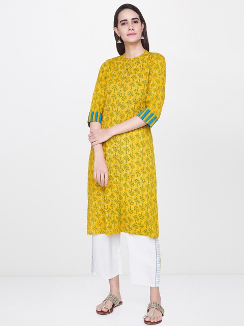 

Global Desi Women Mustard Yellow & Green Printed Straight Kurta