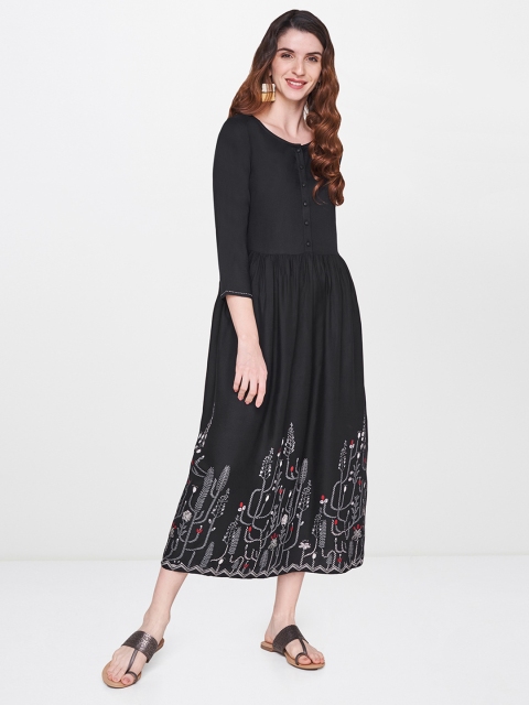 

Global Desi Women Black & White Printed A-Line Dress