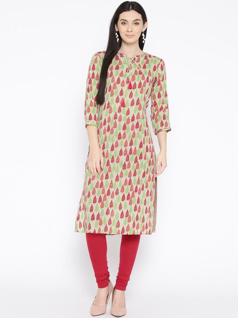 

Global Desi Women Green & Red Printed Straight Kurta