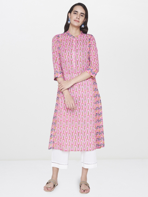 

Global Desi Women Pink & White Printed Straight Kurta