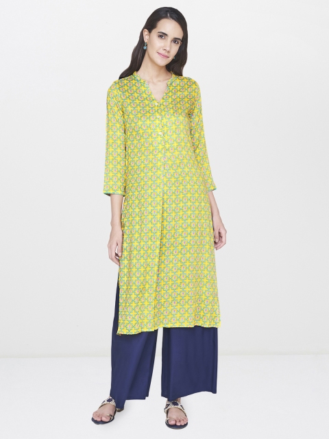 

Global Desi Women Yellow & Blue Printed Straight Kurta