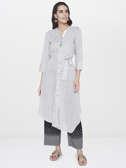 

Global Desi Women Off-White & Grey Striped Asymmetric A-Line Kurta