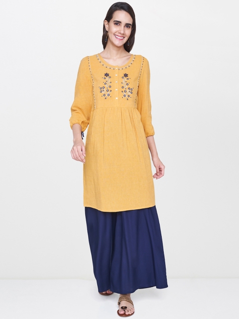 

Global Desi Mustard Yellow Embroidered Tunic