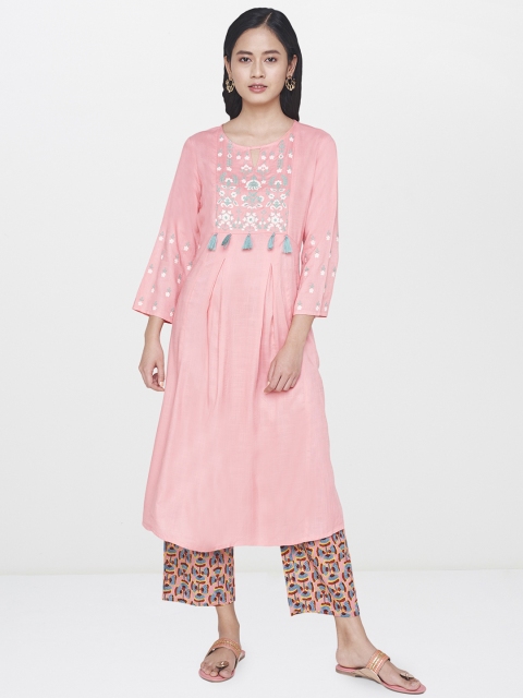 

Global Desi Women Peach-coloured Embroidered Kurta with Trousers