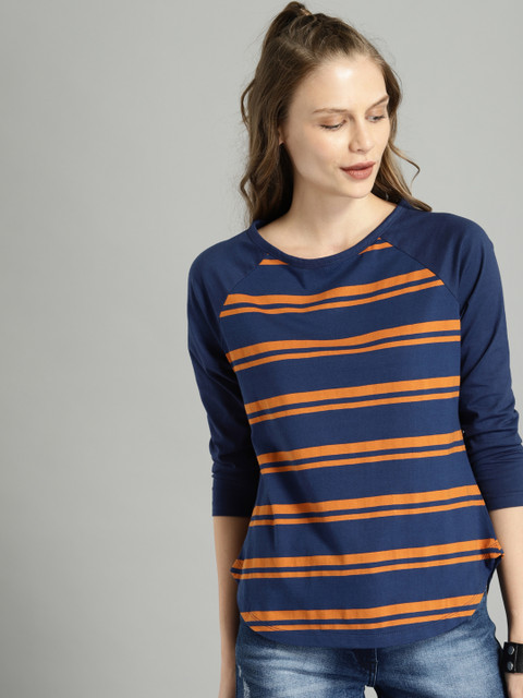 

Roadster Women Navy Blue & Mustard Yellow Striped Round Neck T-shirt