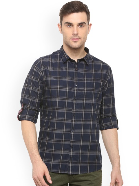 

People Men Navy Blue Slim Fit Checked Casual Shirt