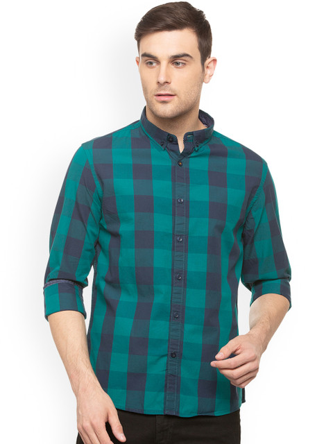 

People Men Sea Green & Navy Blue Slim Fit Checked Casual Shirt