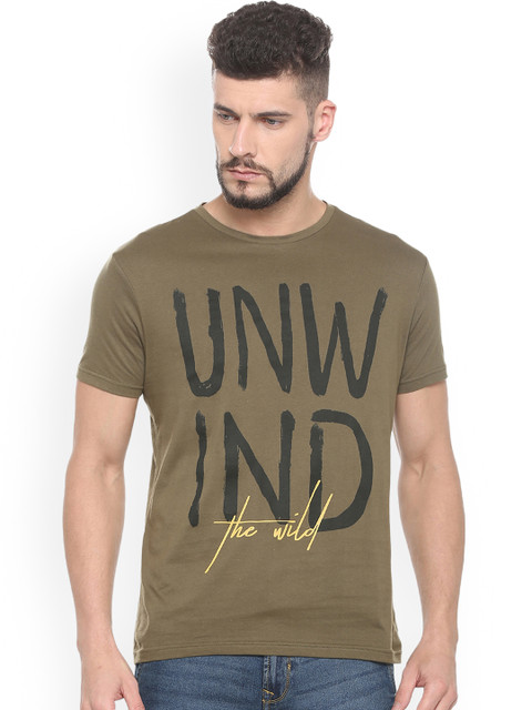

People Men Olive Green Printed Round Neck T-shirt