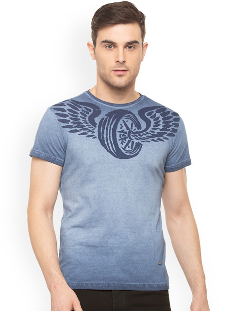

People Men Blue Printed Round Neck T-shirt
