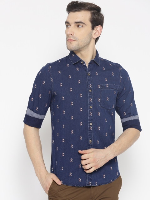 

Lee Men Navy Blue Chambray Slim Fit Printed Casual Shirt