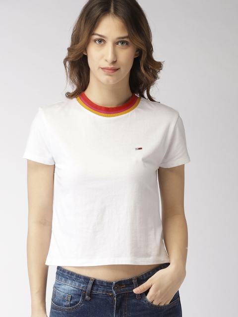 

Tommy Hilfiger Women White Solid Round Neck Cropped T-shirt