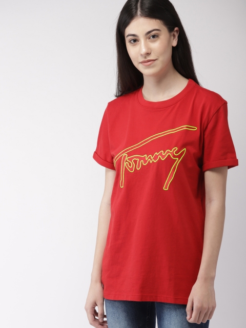 

Tommy Hilfiger Women Red Self Design Round Neck T-shirt