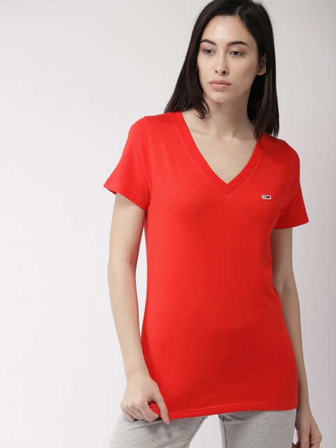

Tommy Hilfiger Women Red Solid V-Neck T-shirt