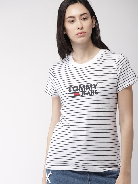 

Tommy Hilfiger Women White & Navy Blue Striped Round Neck T-shirt