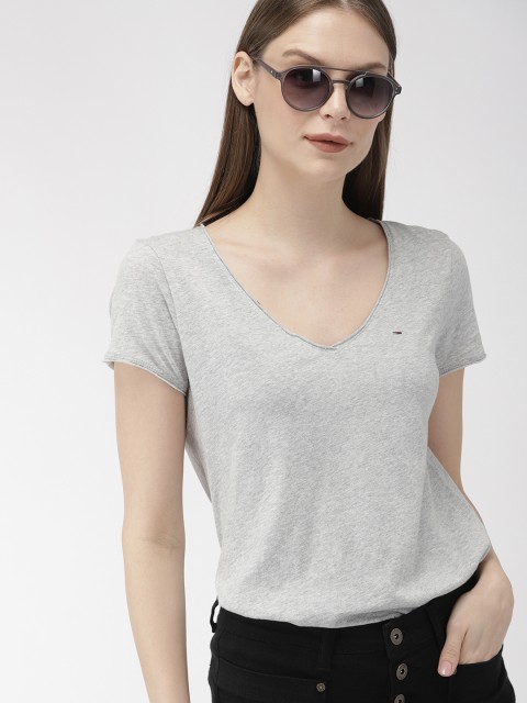 

Tommy Hilfiger Women Grey Melange Solid V-Neck T-shirt