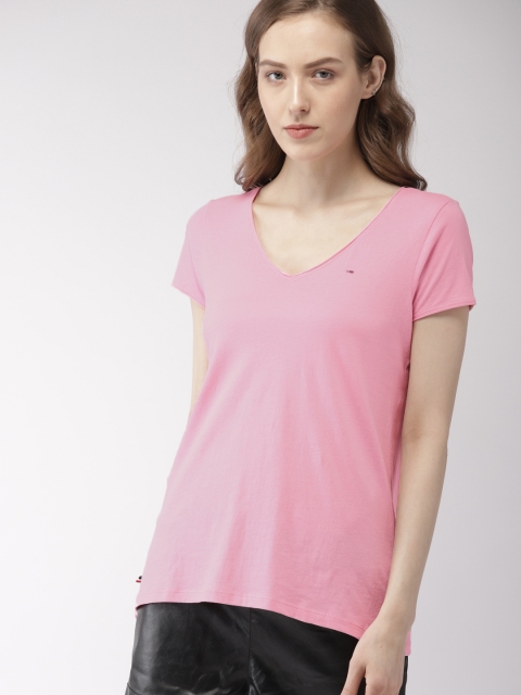 

Tommy Hilfiger Women Pink Solid V-Neck T-shirt