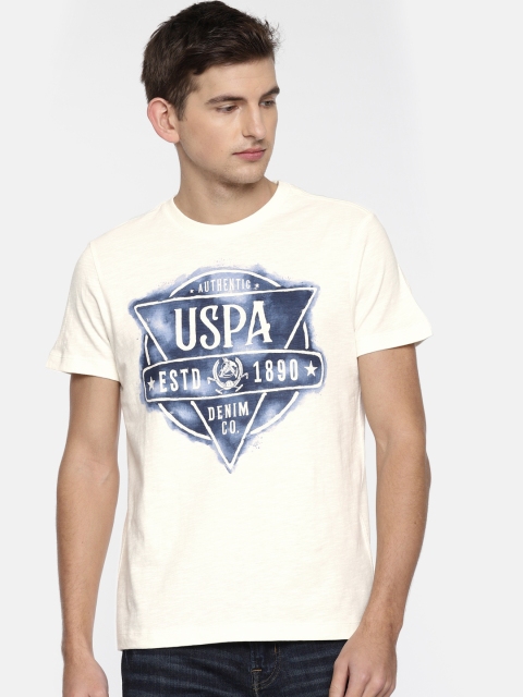 

U.S. Polo Assn. Denim Co. Men Off-White Printed Round Neck Pure Cotton T-shirt