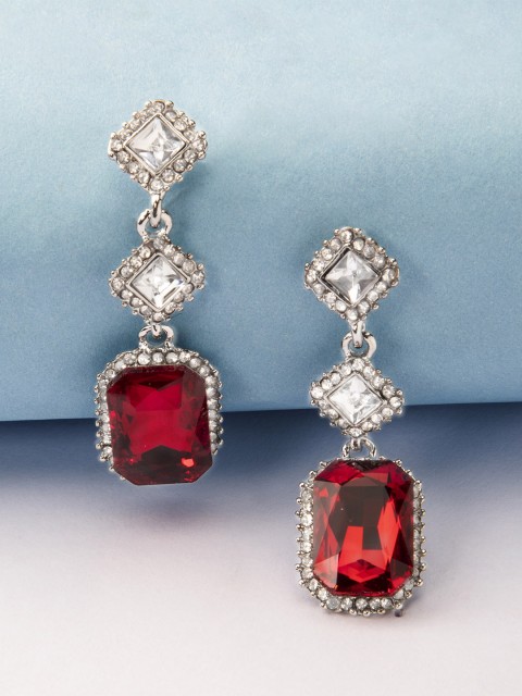

Rubans Silver-Toned & Red Cubic Zirconia Studded Classic Drop Earrings
