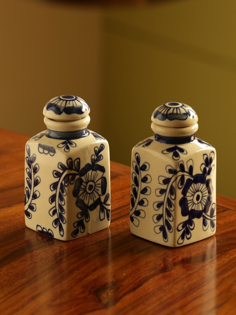 

ExclusiveLane Set of 2 Cream Coloured & Blue Handcrafted Ceramic Storage Jars