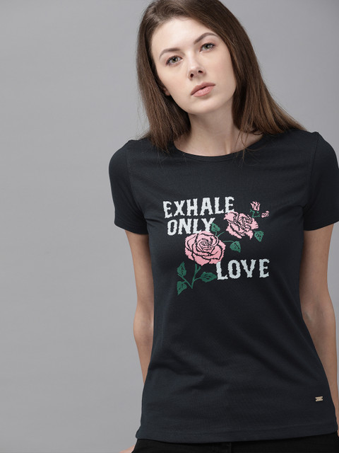 

Park Avenue Women Navy Blue Printed Round Neck T-shirt