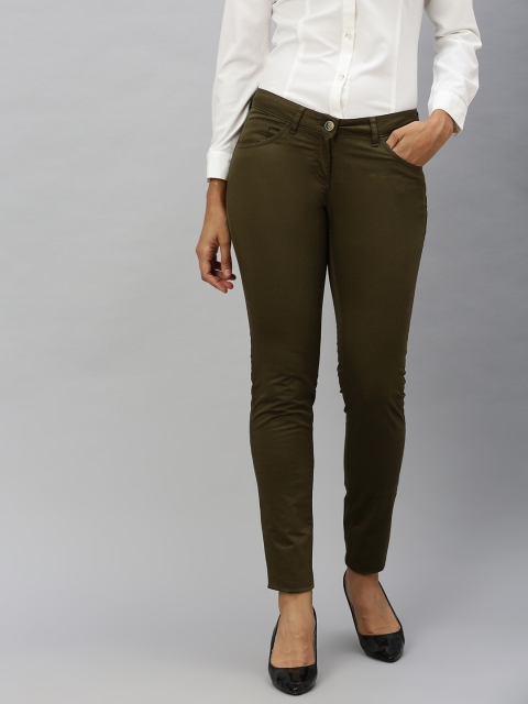 

Park Avenue Women Olive Green Tapered Fit Solid Regular Trousers, Khaki