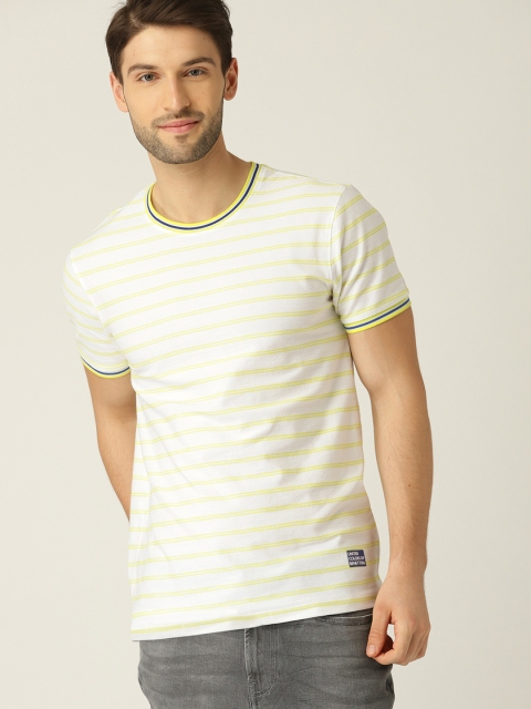 

United Colors of Benetton Men White & Lime Green Striped Round Neck T-shirt