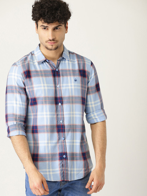 

United Colors of Benetton Men Blue & Red Regular Fit Checked Casual Shirt