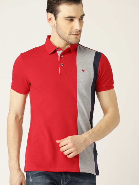 

United Colors of Benetton Men Red Colourblocked Polo Collar T-shirt