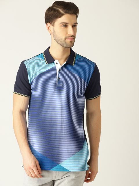 

United Colors of Benetton Men Blue Striped Colourblocked Polo Collar T-shirt