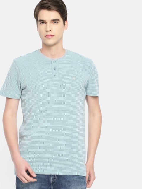 

United Colors of Benetton Men Green & White Self Design Henley Neck T-shirt