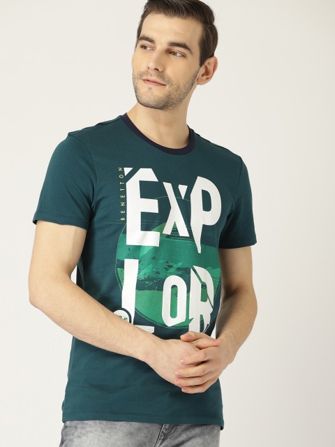 

United Colors of Benetton Men Teal Green Printed Round Neck T-shirt