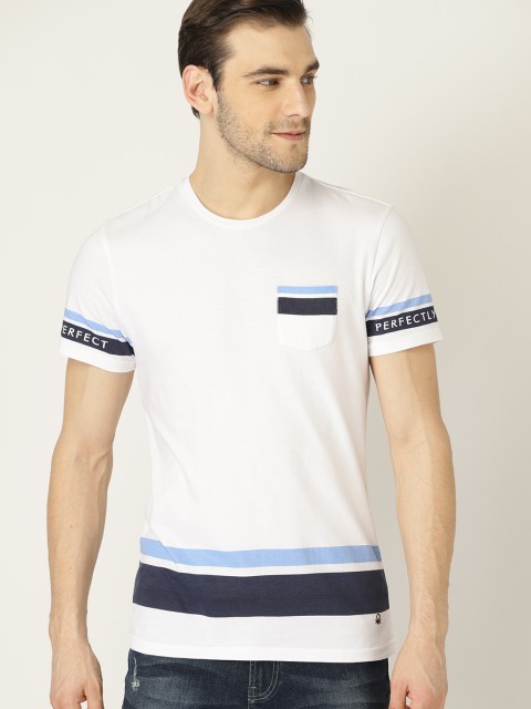 

United Colors of Benetton Men White Blue Solid Round Neck Pure Cotton T-shirt