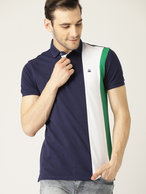 

United Colors of Benetton Men Navy Blue & White Colourblocked Polo Collar T-shirt